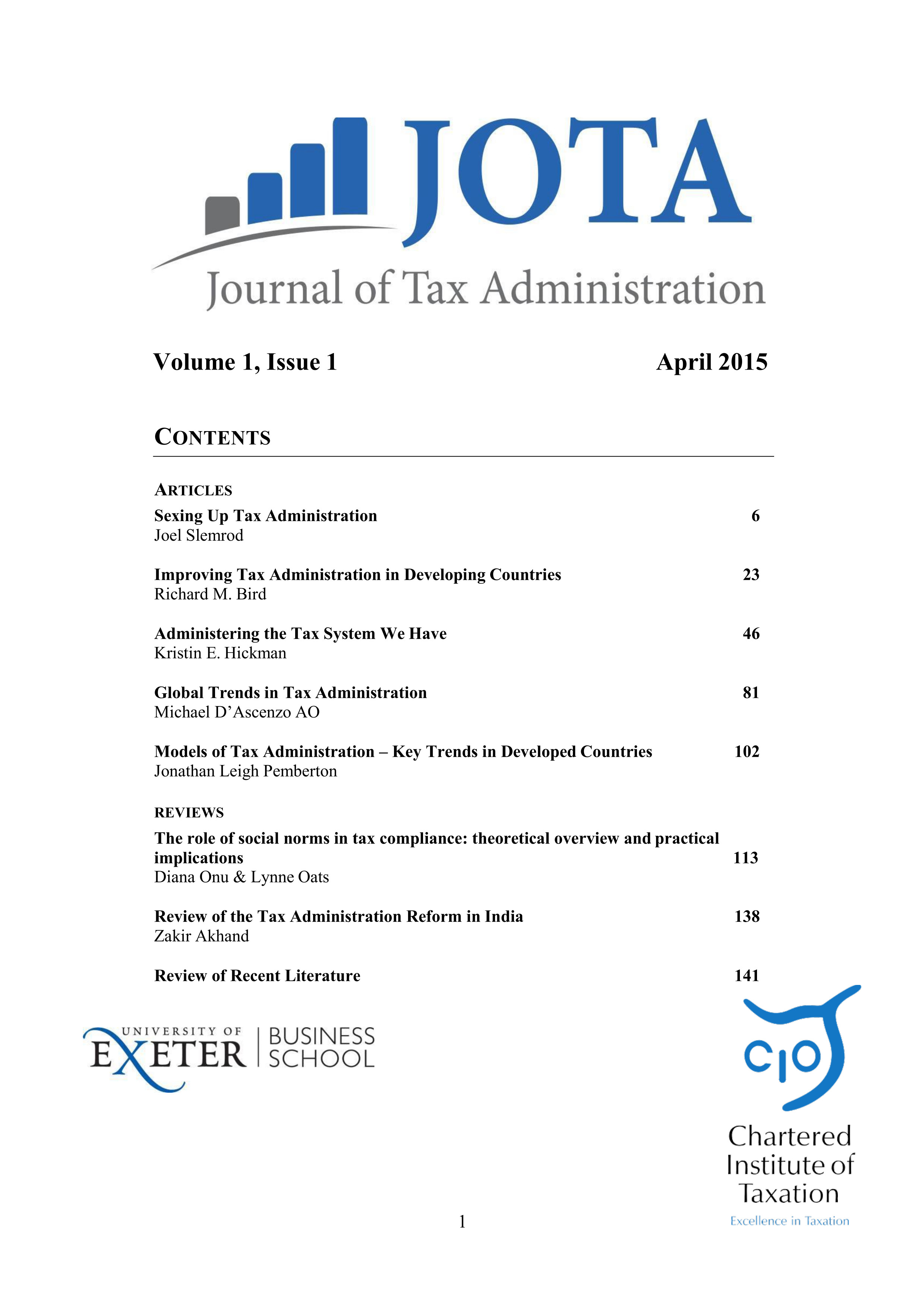 Volume 1 Issue 1 of JOTA - Cover