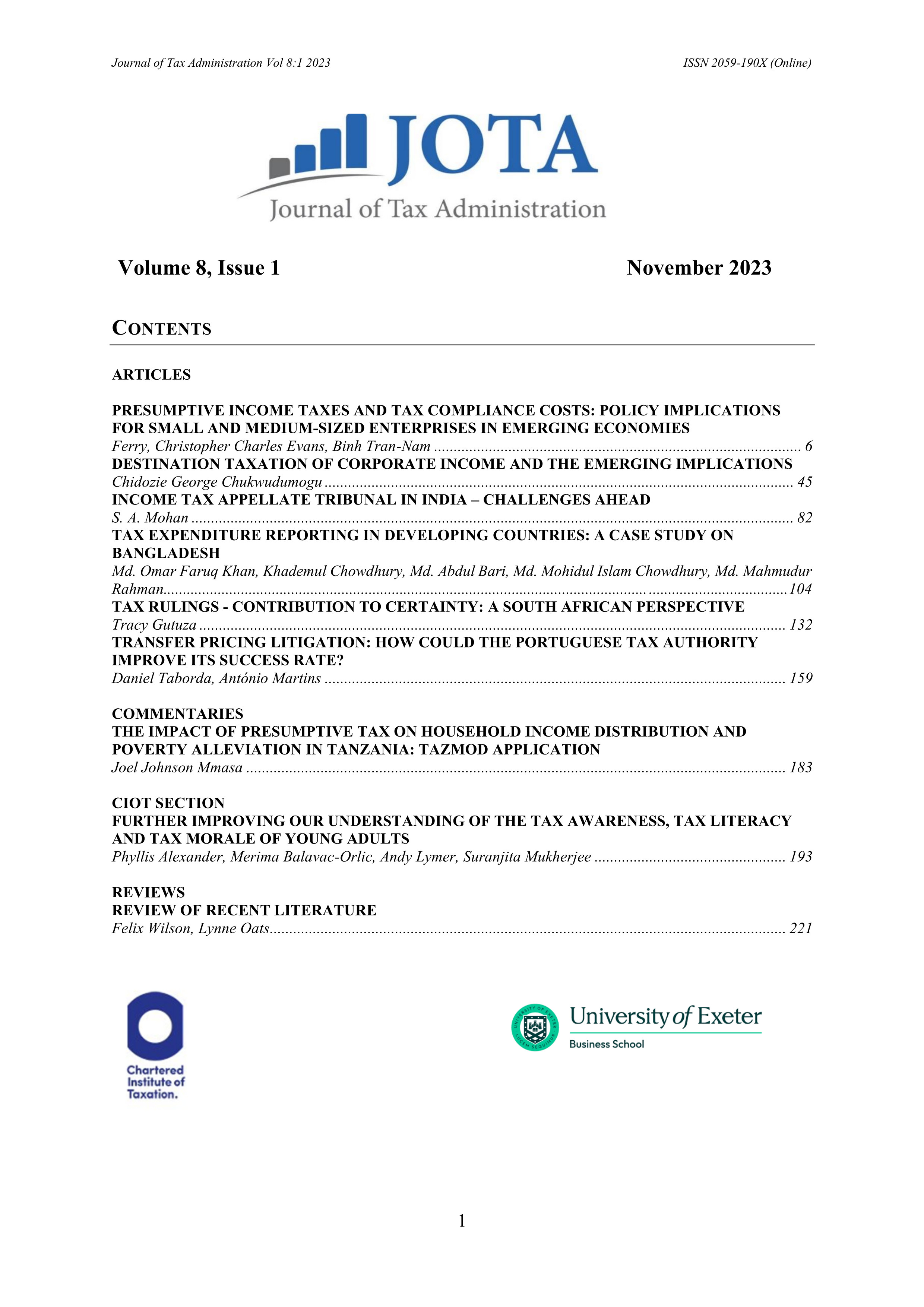 Vol 8 Issue 1 of JOTA - Cover Page