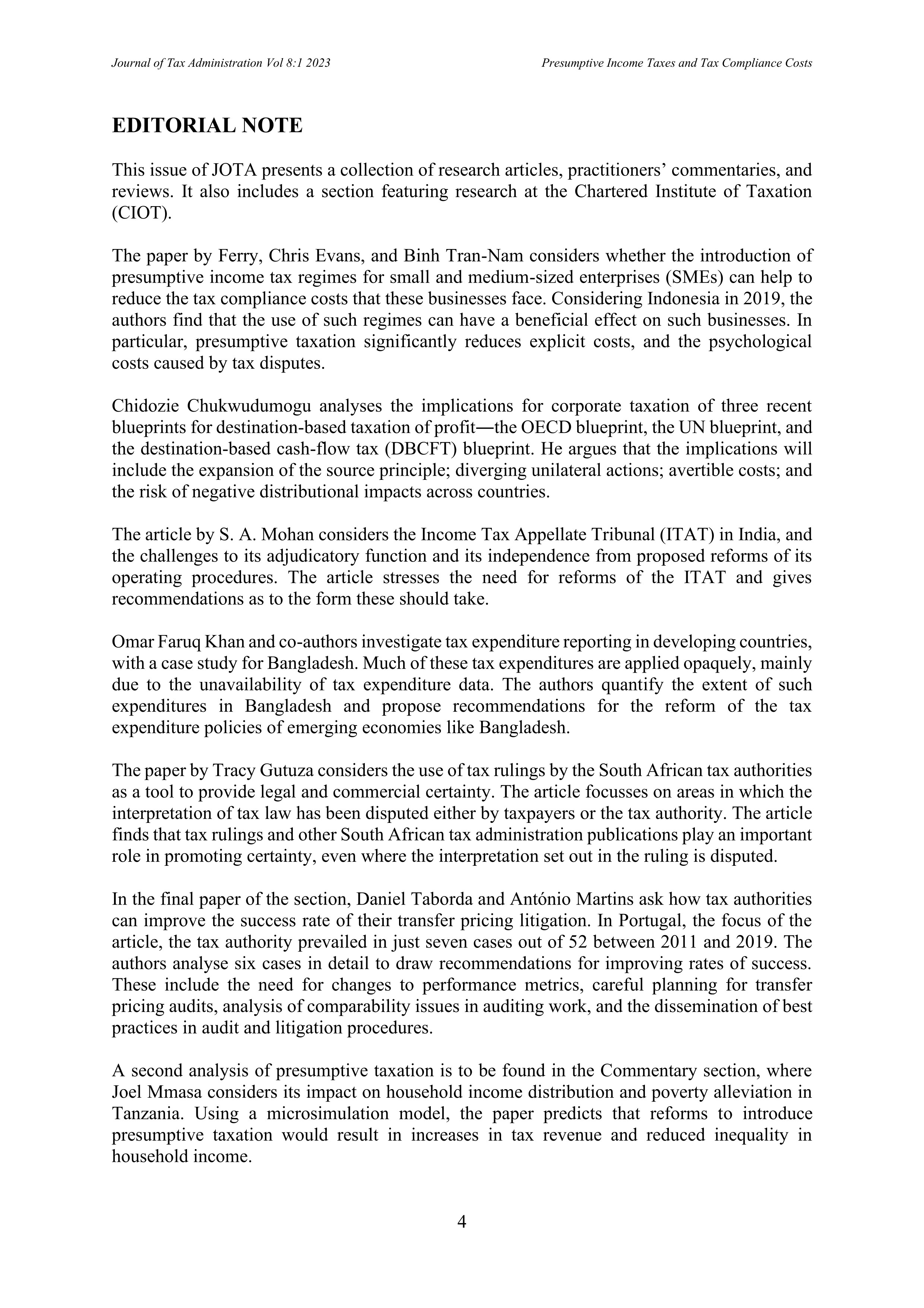 Volume 8.1 of JOTA - First page of the Editorial Note